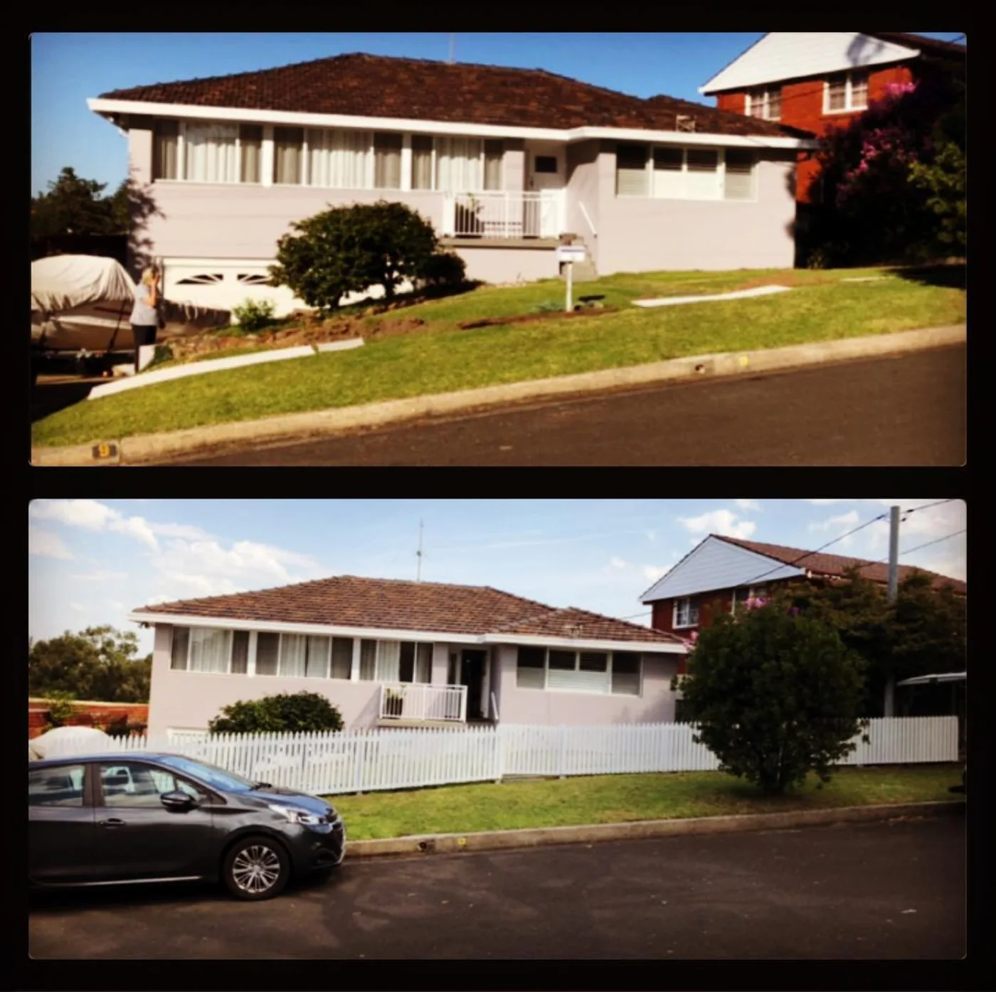 New white timber picket fence — before and after